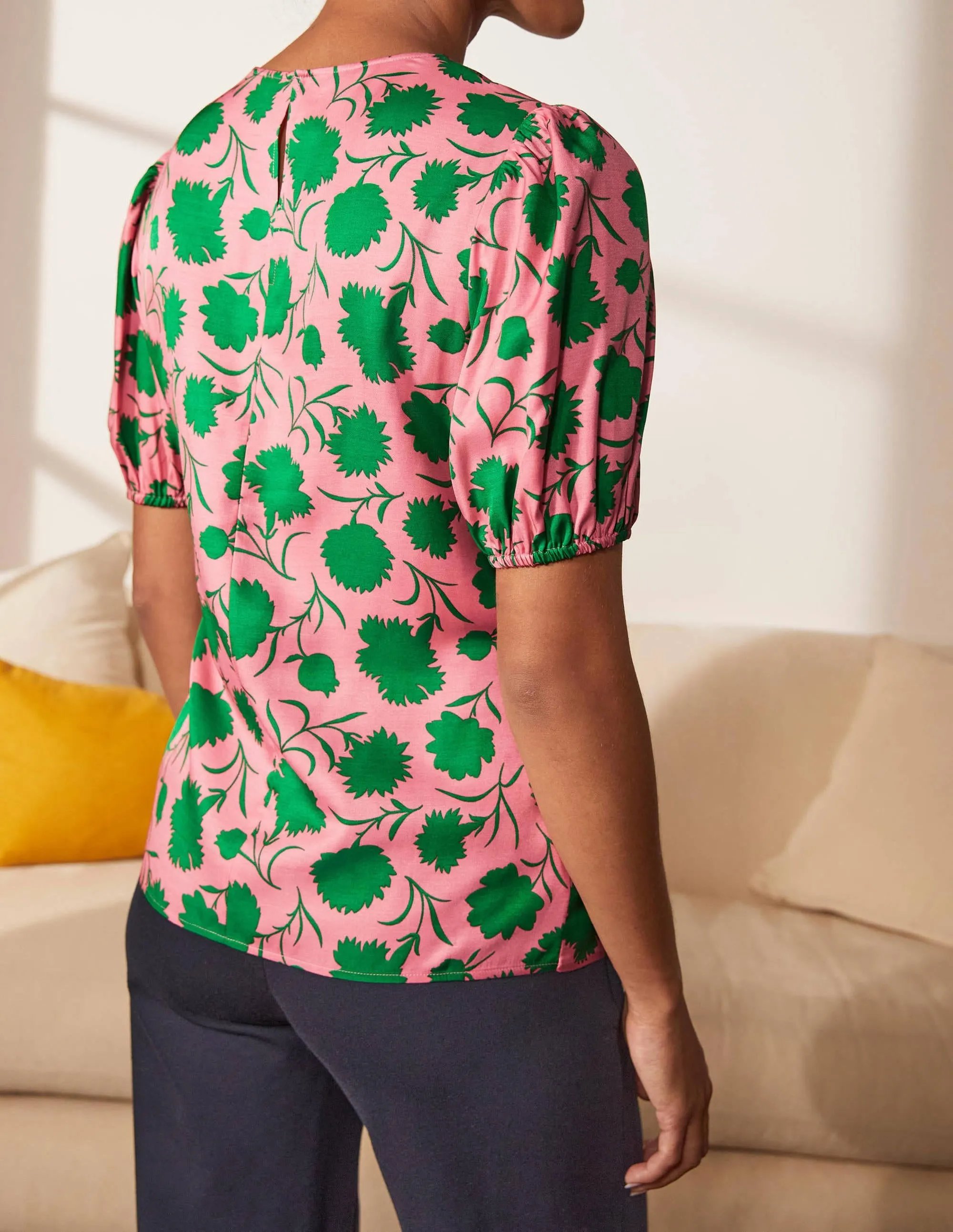 Adriana Puff Sleeve Top-Pink Lemonade, Leafy Bud
