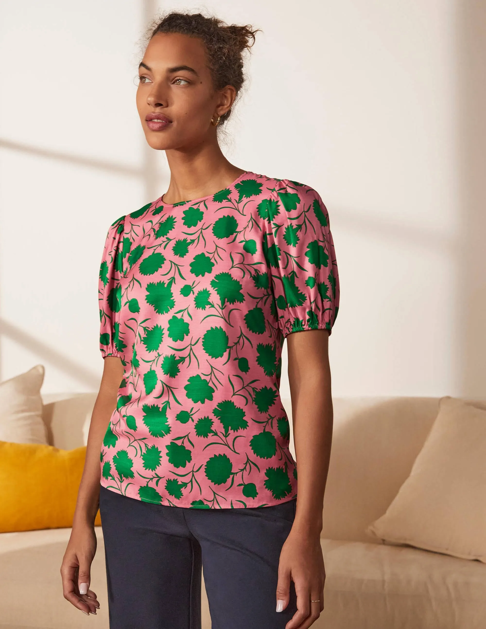 Adriana Puff Sleeve Top-Pink Lemonade, Leafy Bud