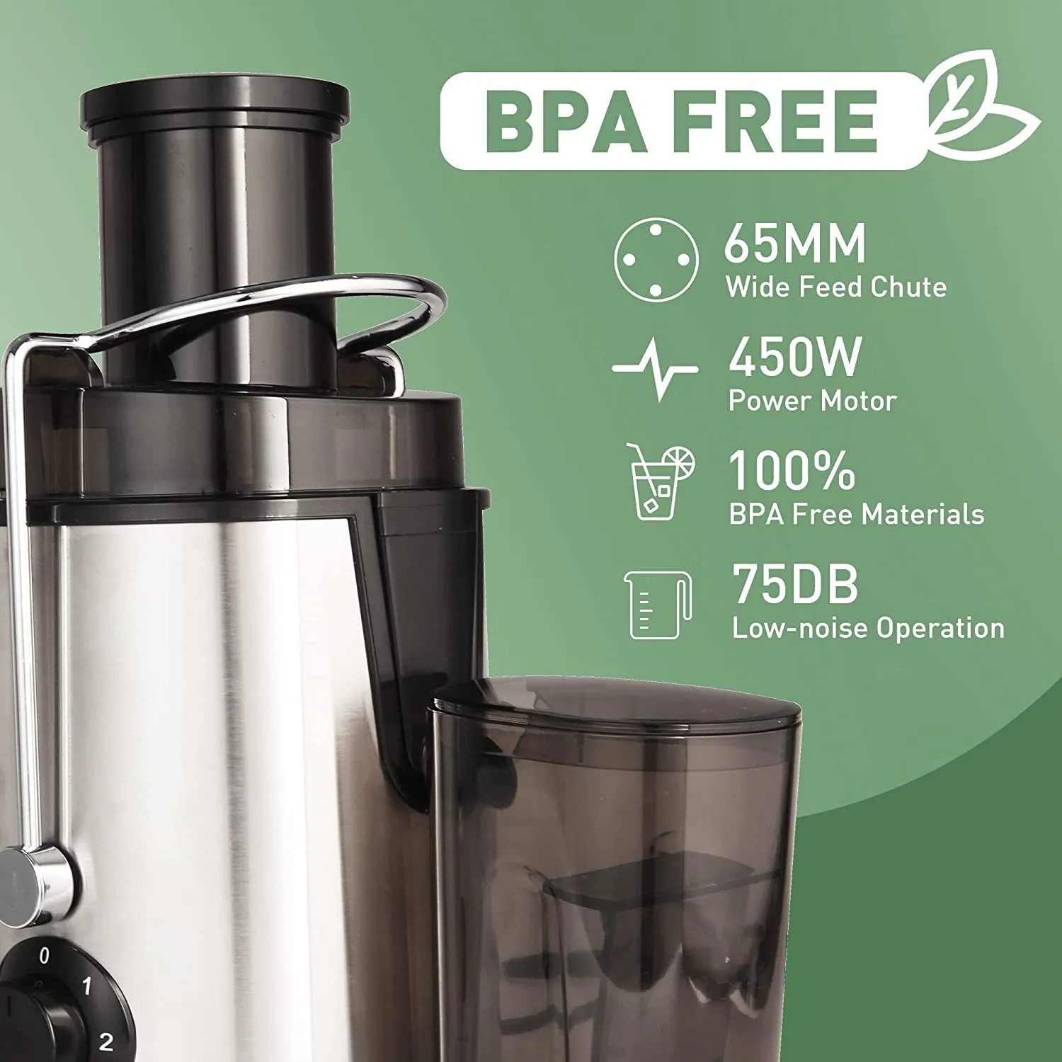 E-Macht 450W Machine Centrifugal Juicer Extractor for Wide Chute with 2 Speed Modes, BPA Free