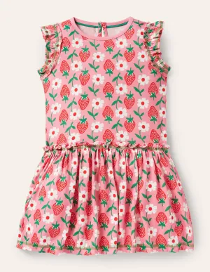 Frill Detail Jersey Dress-Pink Lemonade Strawberry Stamp