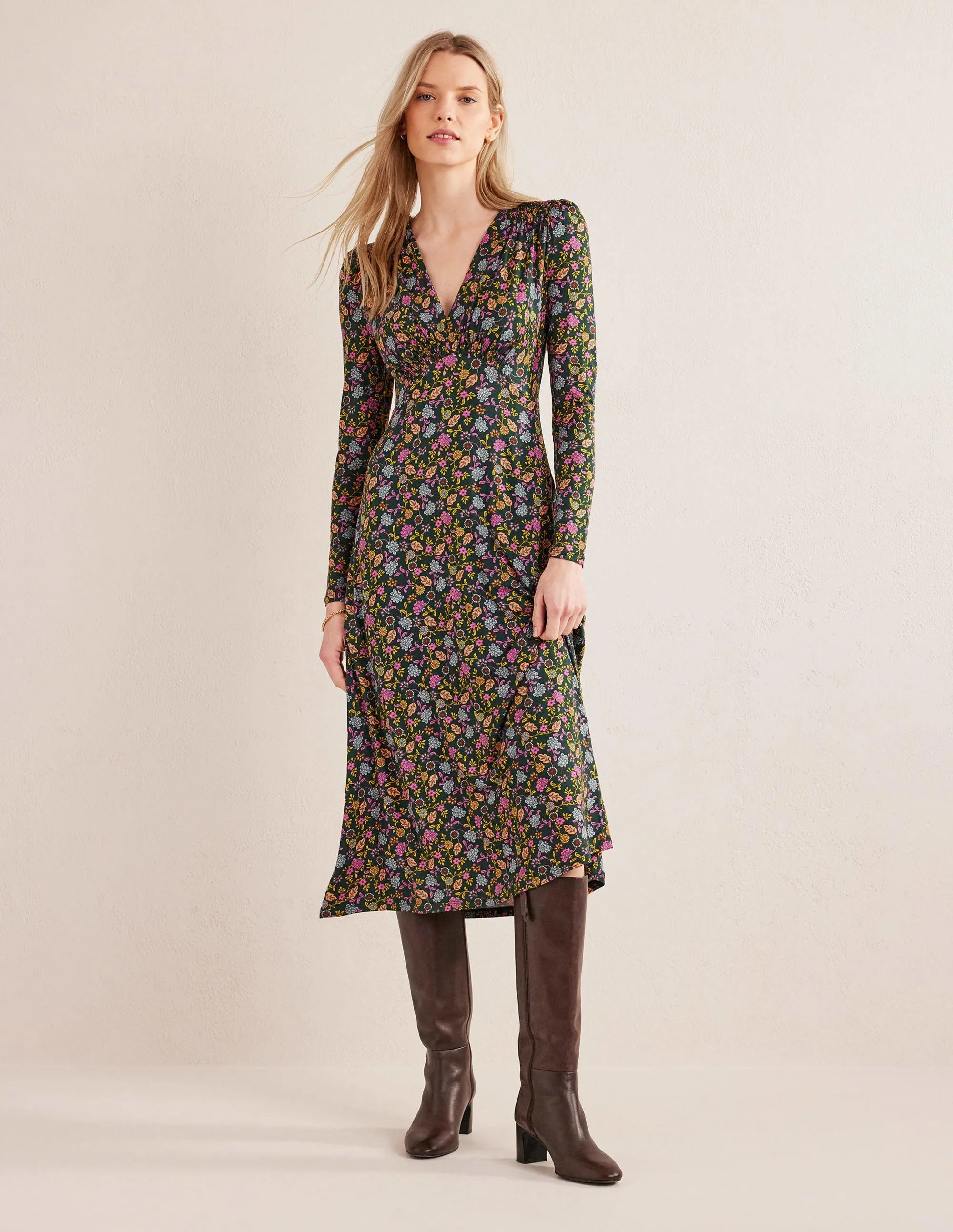 Jersey Midi Tea Dress-Chatsworth Green, Lotus Petal