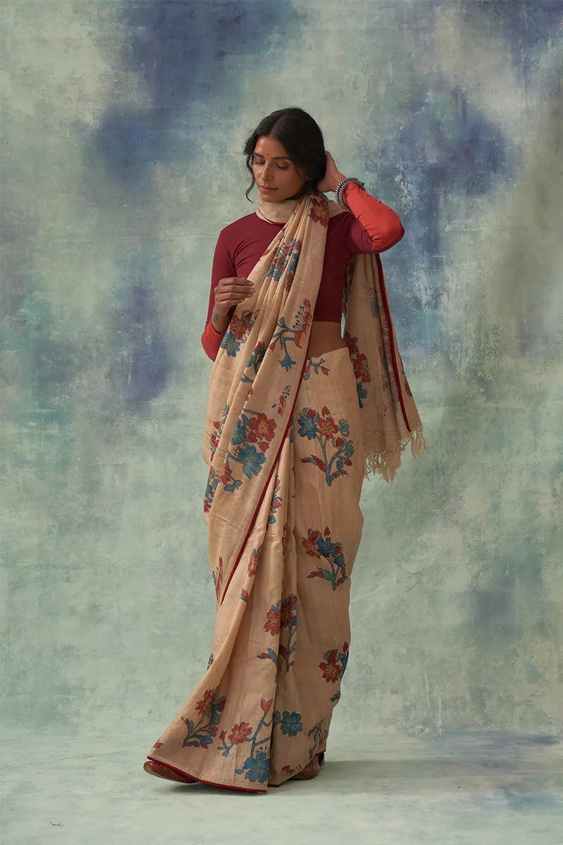 Manini' Kalamkari Pure Tussar Silk Saree
