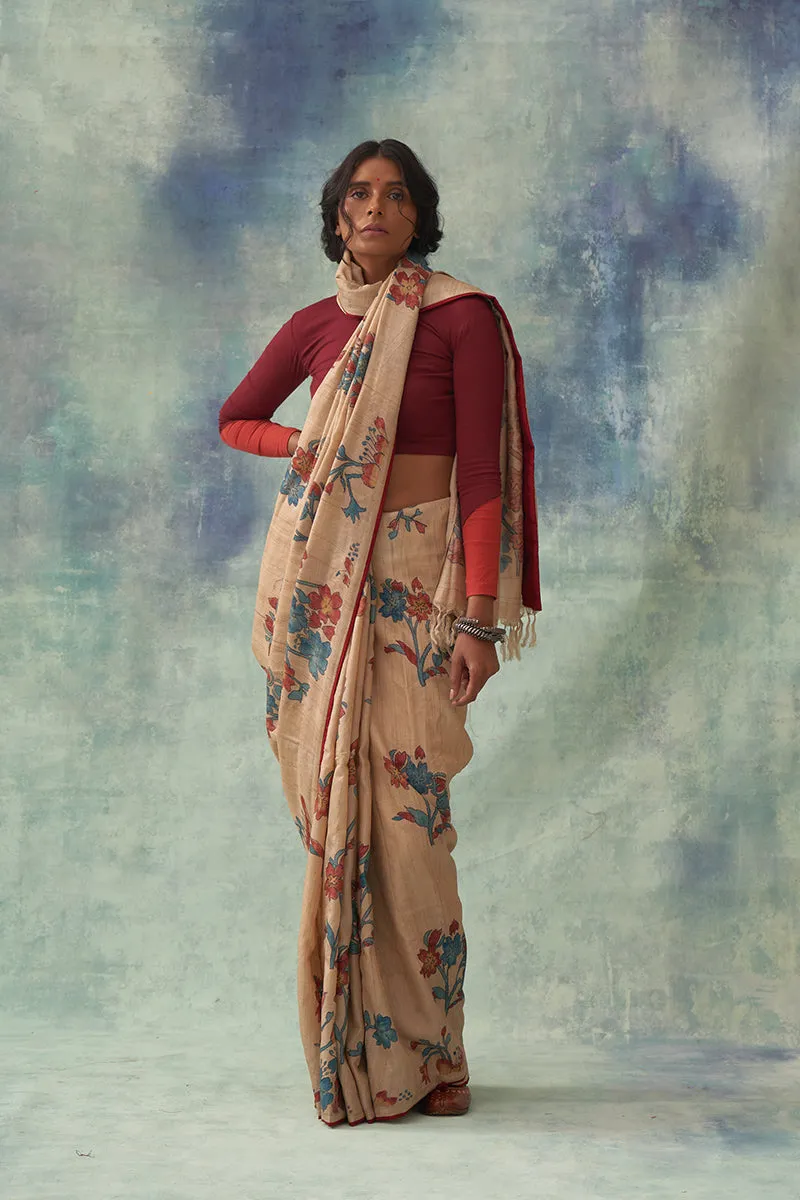 Manini' Kalamkari Pure Tussar Silk Saree