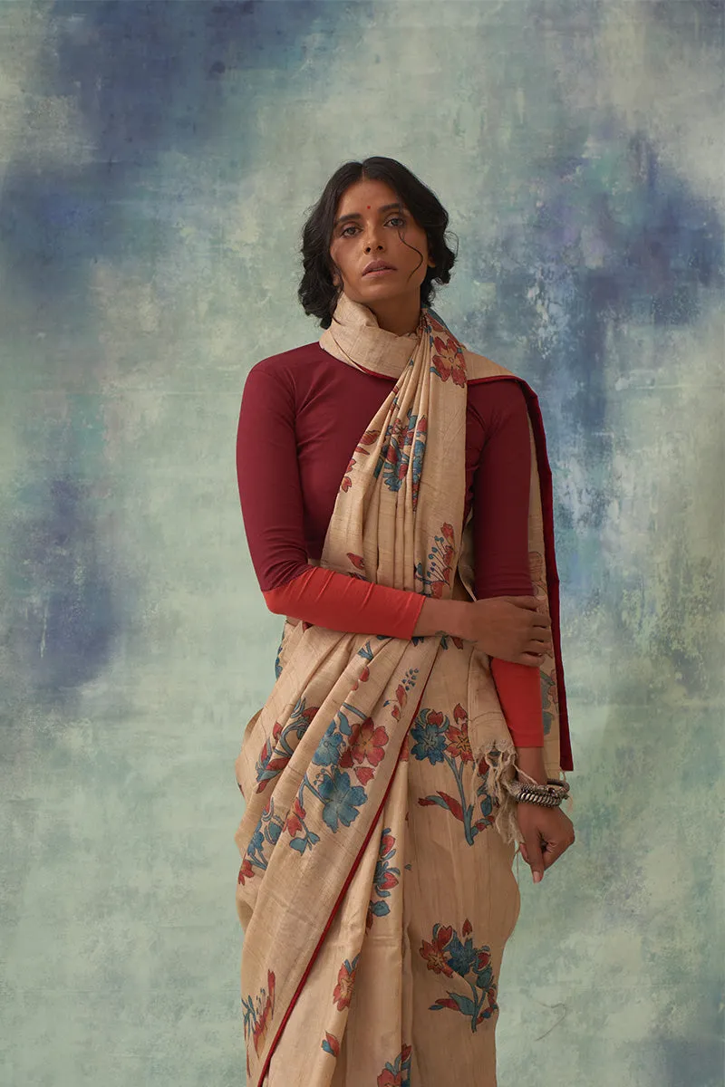 Manini' Kalamkari Pure Tussar Silk Saree