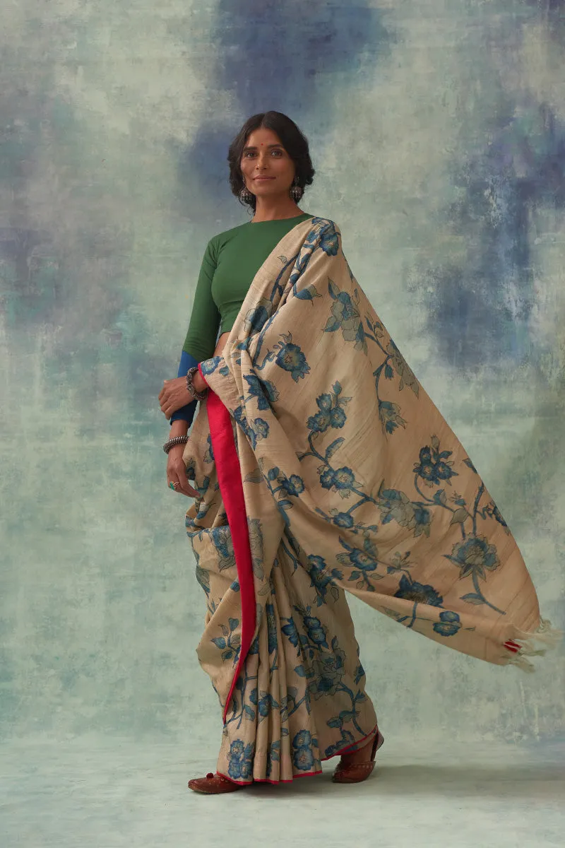 Mudita' Kalamkari Pure Tussar Silk Saree