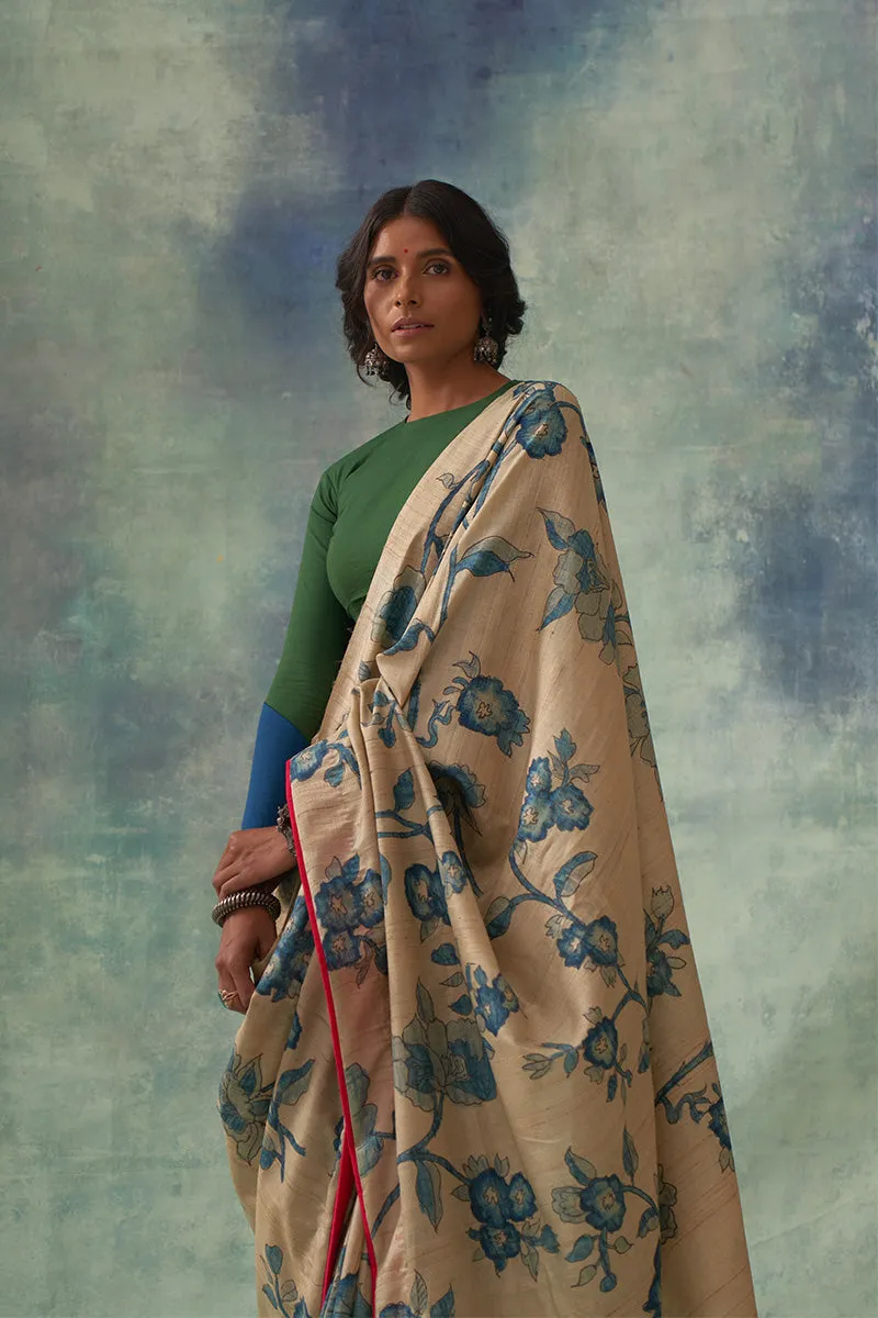 Mudita' Kalamkari Pure Tussar Silk Saree